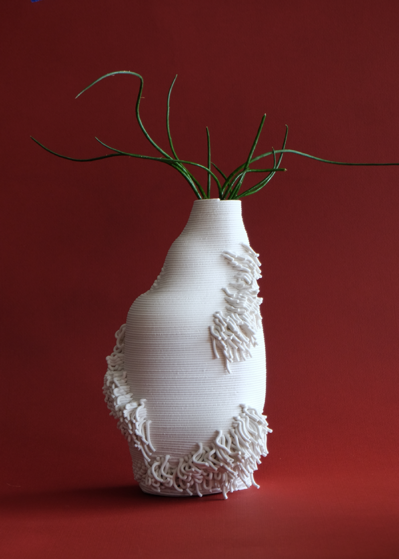 A white 3D printed porcelain vase holding a thin, undulating plant. The piece has an organic shape and the texture mentioned in the previous closeup image.