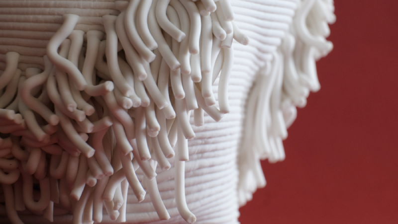 A closeup of a porcelain piece, showing the texture of the printed layers and patches of what resemble thick, porcelain hairs growing out of the piece.